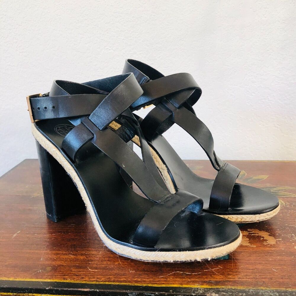 Tory Burch Marbella Leather Black Open-Toe Espadrille Heeled Sandals Size 7M